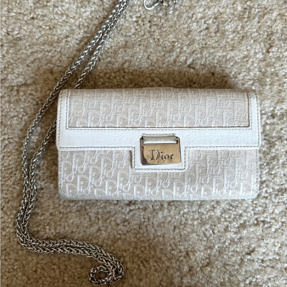Christian Dior Canvas Trotter Logo Print Wallet with Chain Cream